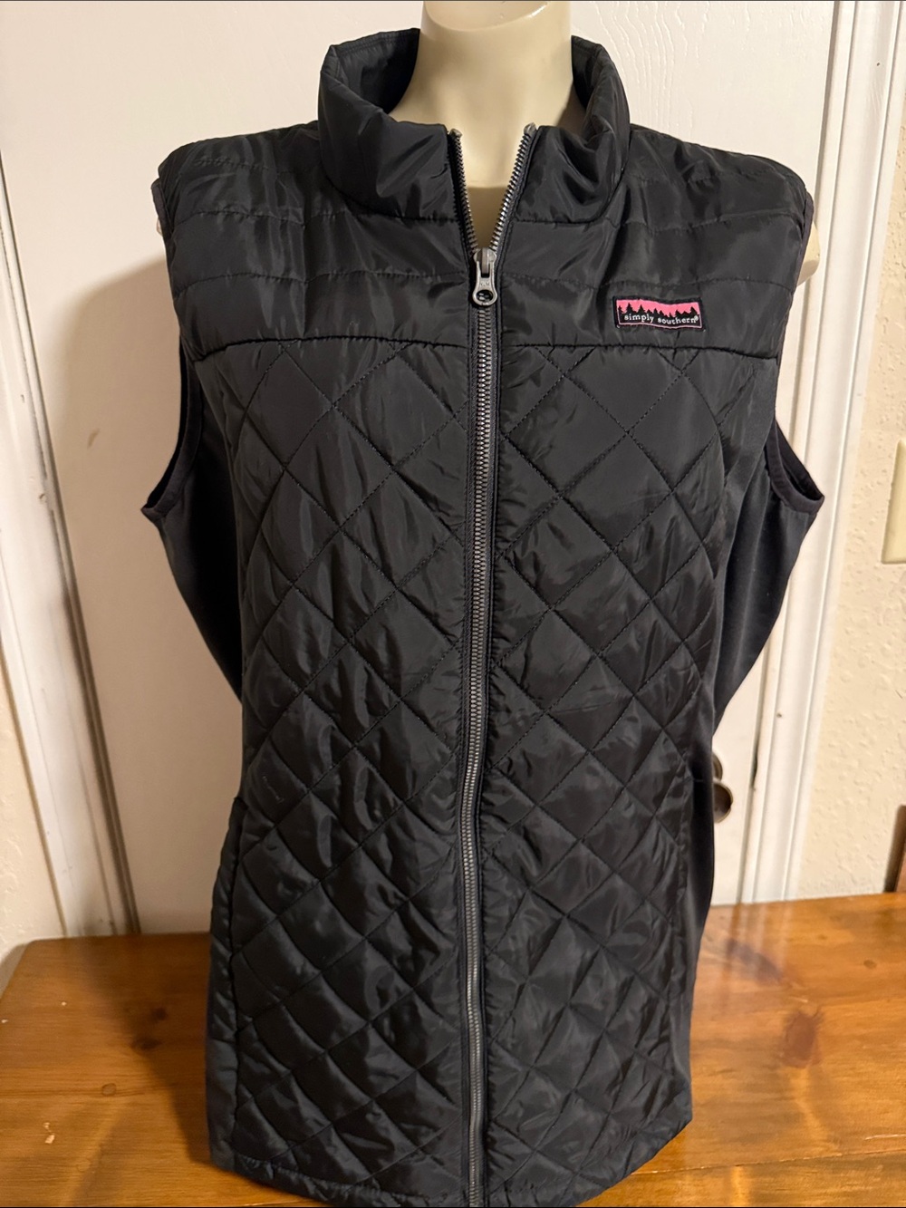 Simply Southern Black Quilted Vest with Pink Logo Patch with pockets
